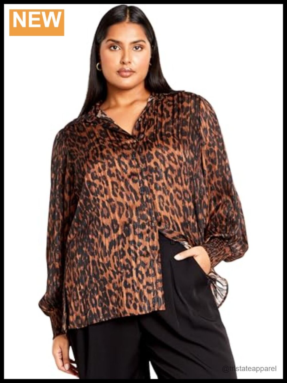 Plus Size Leopard Print Button-Down Blouse - Metallic Thread Long Sleeve